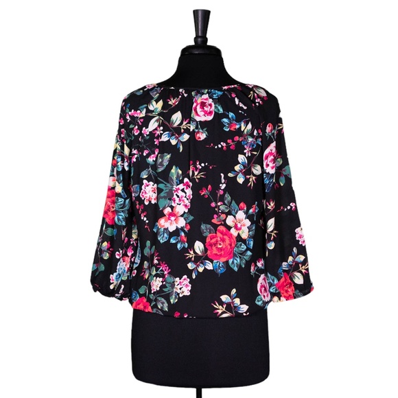Express Women's Blouse Floral 3/4 Sleeve Keyhole Colorful Artsy Crop Top Small - Picture 2 of 10
